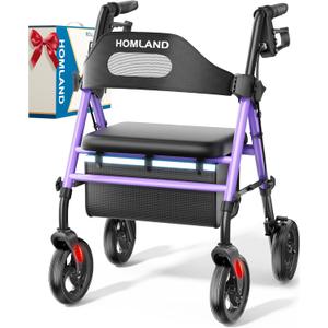 HOMLAND Foldable Rollator Walkers with Seat for Seniors, 8'' Big Wheels, 350 lb. Weight Capacity, Adjustable Handles and Seat Height, Lightweight Rolling Walker, Purple