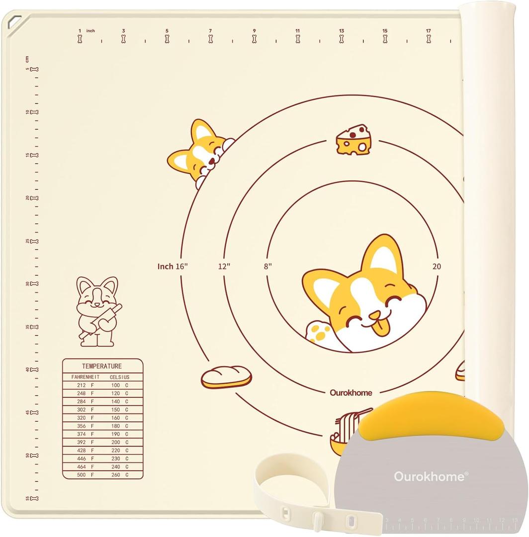 Ourokhome Silicone Baking Mat Sheet and Pastry Dough Cutter, 0.5 Inch Thick 32" X 24" BPA free Silicone Rolling Mat, Non-Stick and Anti-Slip, Dishwasher Safe (Beige) (Creamy white)