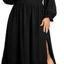 SCOMCHIC Womens Plus Size Wedding Guest Cocktail Dress Sweetheart Neckline Long Sleeve Smocked Ruffle Slit Maxi Dresses (Black, XL)
