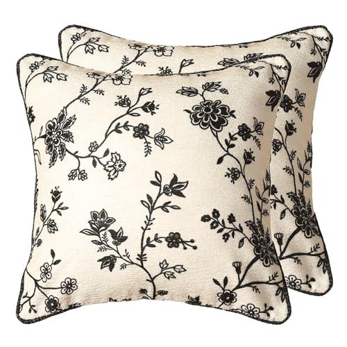 bilin gaier Throw Pillow Covers Set of 2,Classic Black and White Floral Elegant French Linen Pillowcases,Decorative Square Pillow Covers Cushion Covers for Couch Bed Sofa Chair 18x18 Inches