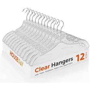 HOUSE DAY Clear Plastic Hangers 12 Pack, Durable Crystal Hangers for Clothes, Light Weight Plastic Dress Hanger for Women, Versatile 16.7 Hanger for Closet and Retail Use, with 360 Swivel Hook