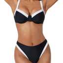 SUUKSESS Women Color Block Underwire Bikini Sets Cheeky High Cut 2 Piece Swimsuit (Medium, Black White)