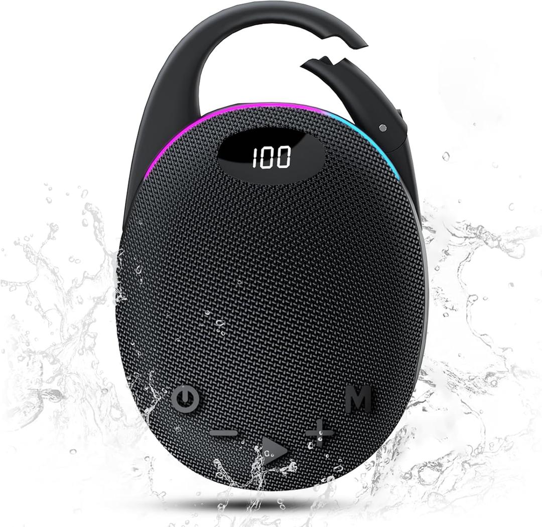 Portable Mini Bluetooth Speaker with HD Sound, LED Power Display, Big Pro Sound with Punchy Bass,Integrated Carabiner, 25H Playtime, Colorful RGB Lights, TWS pairing,Outdoor/Party/Travel, Gift Ideas (Classic Black)