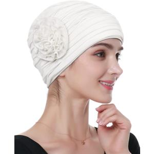 Alnorm Flower Design Chemo Hair Loss Caps Cancer Headwear for Women (One Size, Off-white)