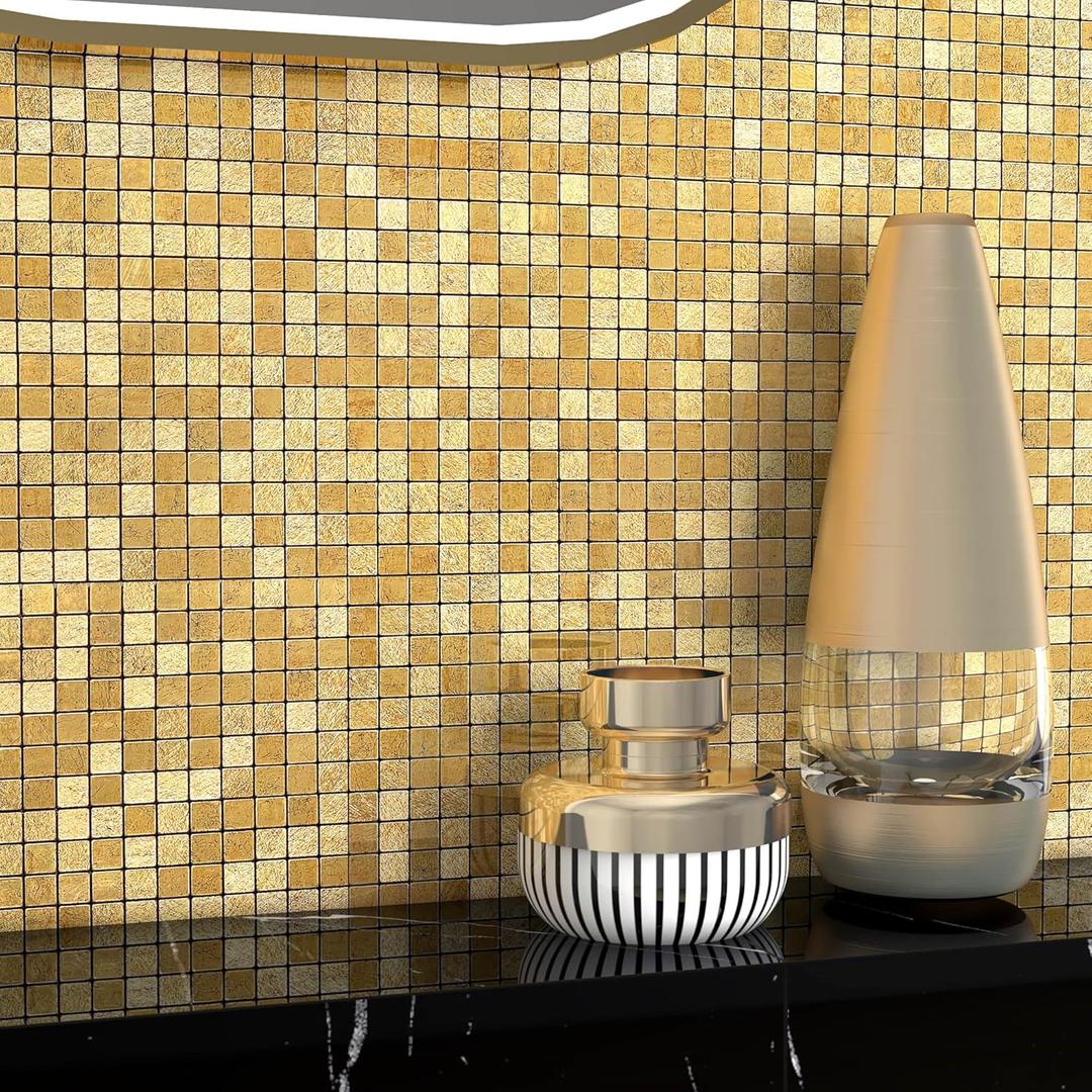 VAOVI Gold Kitchen Backsplash Tiles Peel and Stick Mosaic Stickers Self-Adhesive Wall Panles Heat Resistant Waterproof(5sheets,Square)