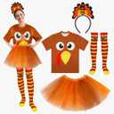 QZYL Turkey Costume Set, Turkey Trot Shirt Tutu Dress Headbands High Socks, Thanksgiving Turkey Trot Cosplay for Adults L