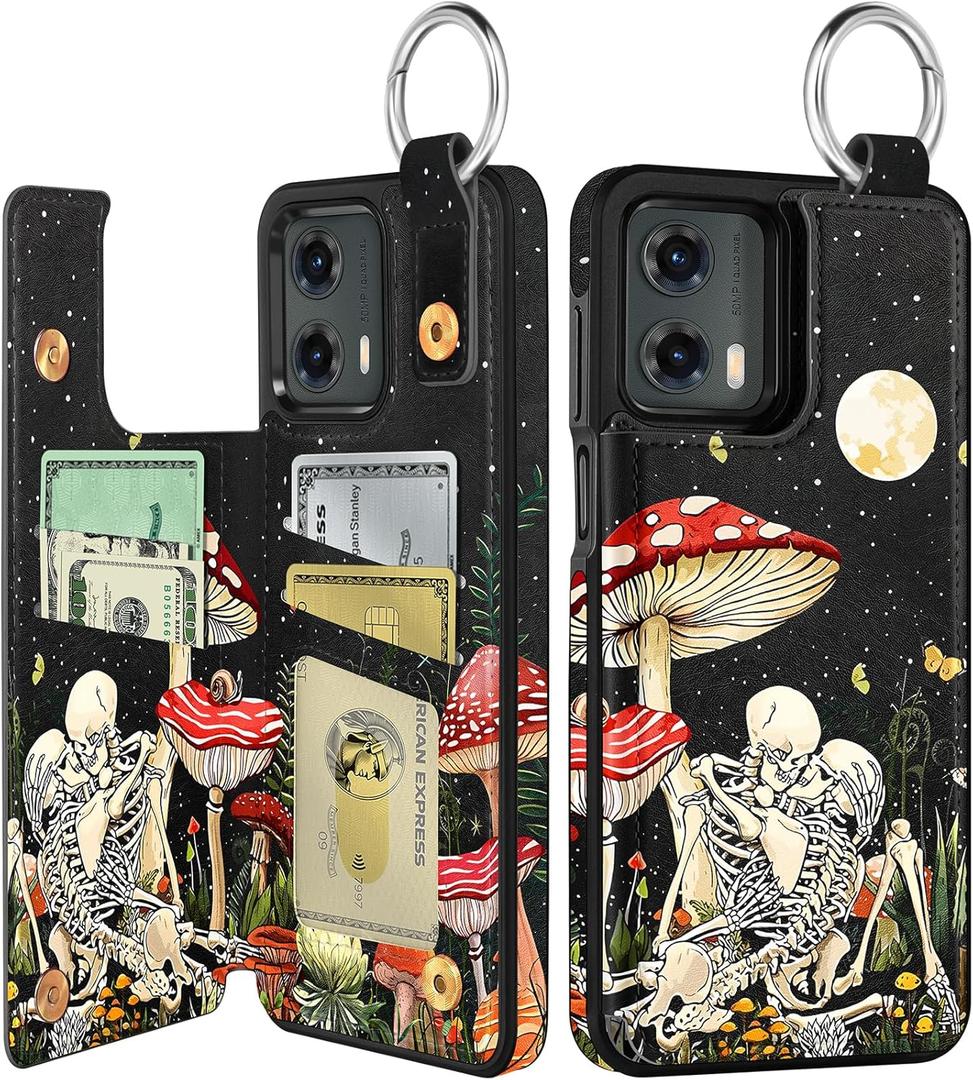Shorogyt for Moto G 5G 2024 Wallet Case with Card Holder - Designer Mushroom Skull Pattern Kickstand Magnetic Clasp Back Flip Folio Leather Phone Cases for Women Men Girls for Moto G 5G 2024