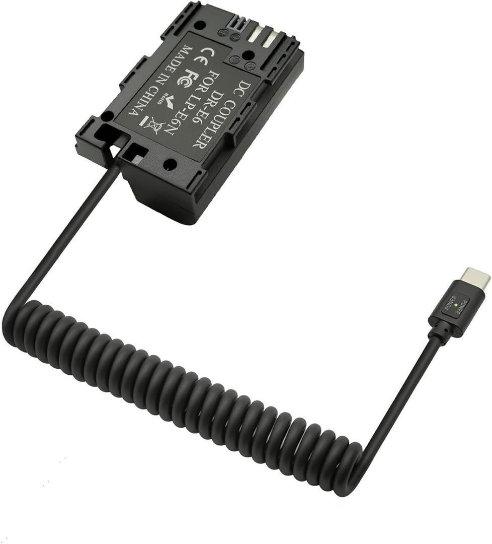 PD Type C USB-C to LP-E6 Dummy Battery Coiled Power Cable Compatible with Canon EOS R R5 R6 90D 80D 70D 60D 60Da 5D 5DSR Mark II III IV 6D Mark II 7D Mark II Cameras, 39"
