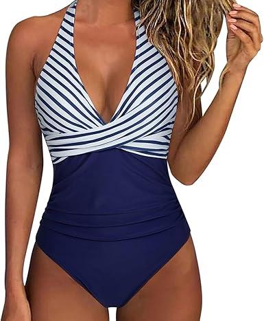 Women's One Piece Swimsuits Tummy Control Bathing Suits V Neck Colorblock Front Cross Swimwear M Blue