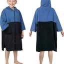 Hooded Towels for Kids Zippered Surf Poncho Swim Robe for 6-13 Years, 3/4 Sleeve Big Kids Hooded Beach Towel Thick Changing Robe Girls Boys, Black Blue