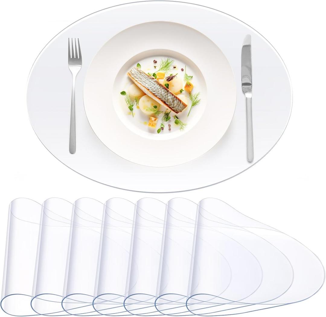 8 Pcs Clear Plastic Placemats - 13 x 19 Inches Oval PVC Placemats, 2 mm Thick Table Protector Smooth Desk Mat Heat Resistant Washable Easy Cleaning for Home Office Dining Room Painting