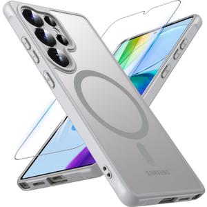 OWKEY for Samsung Galaxy S25 Ultra Case 6.86'', Magnetic S25 Ultra Case for Magsafe with Tempered Glass Screen, [Shockproof Military] Translucent Back Bumper Cover Phone Case Galaxy S25 Ultra, Gray