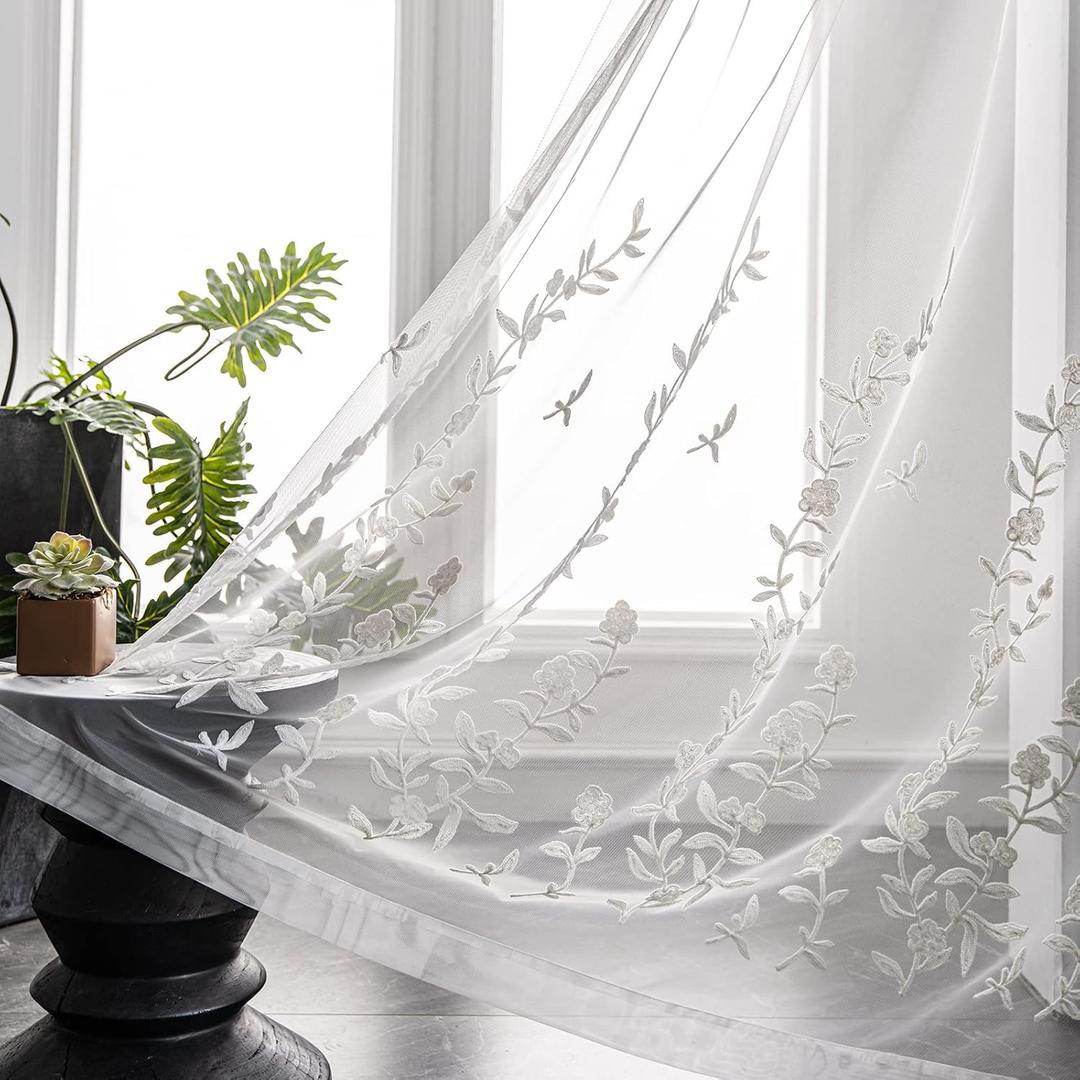 Melodieux Flower Embroidery Sheer Curtain for Living Room Patio Sliding Door Wide Window Rod Pocket Voile Drape, White Flower, 100 by 84 Inch (1 Panel)