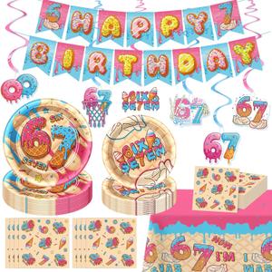 6 7 Themed Birthday Party Decorations, 6 7 Meme Decorations 25 Guests, Includes Paper Plates, Napkins, Banner, Hanging Swirls, Tablecloth for Six Seven Kids Boy Girl