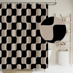 Tititex Retro Checkerboard Grid Pattern 140gsm Faux Linen Fabric Shower Curtain, Black Brown Classical Groovy Wavy Checkered Shower Curtain Sets Decoration 72x72 Inch with Hooks