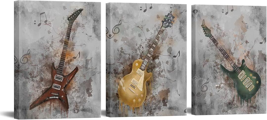 sechars Music Canvas Wall Art Guitar Painting Prints Rustic Jazz Posters for Pub Bar Decor Musical Artwork Framed Ready to Hang 12x16Inchx3PCS