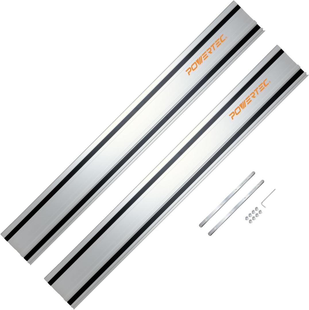 POWERTEC 110" Track Saw Guide Rail Joining Set for Milwaukee Track Saws - Includes 2x55" Aluminum Extruded Rails and Connectors for Woodworking Projects, 71871