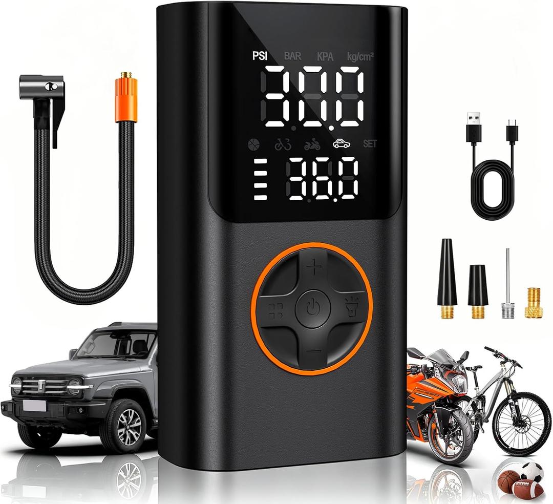 Tire Inflator Portable Air Compressor, Bike Pump with Gauge and USB Charging Output, 150PSI Fast Inflation Portable Tire Inflator for Car Bicycles Motorcycles Scooter Balls