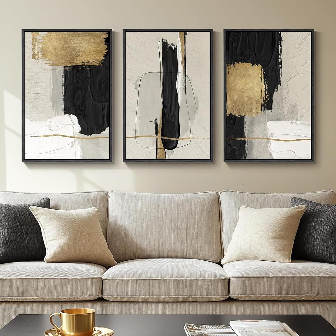 Framed Black and White Abstract Wall Art, 3 Piece Canvas Prints Paintings Artwork for Walls, Modern Minimalist Gold Beige Block Pictures for Living Room Hallway Office Wall Decor 16x24 Inch