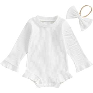fhutpw Newborn Baby Girl Oversized Sweatshirt Romper Ruffle Long Sleeve Crewneck Onesie Sweater Tops Infant Fall Clothes (6-9 Months, Ribbed Knit- White)