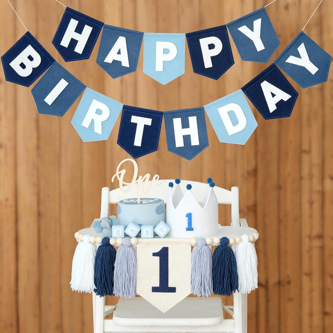 DCJHFJ Felt Navy Blue Happy Birthday High Chair Banner Pre-Strung Birthday Hanging Decoration for Baby Boy 1st Birthday Party Decorations