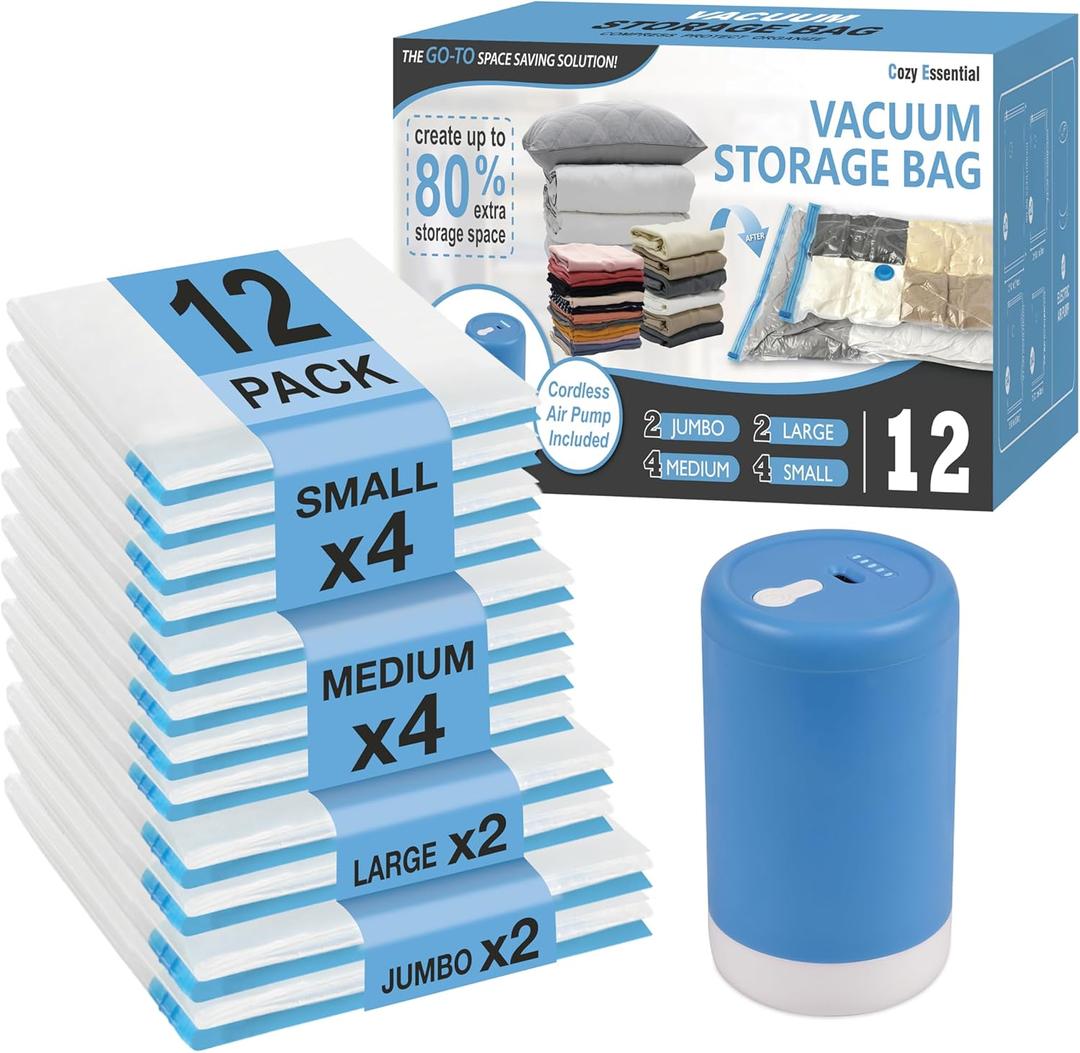 Cozy Essential Travel Vacuum Storage Bags with Rechargeable Cordless USB Pump, Space Saver Bags for Luggage, Suitcase, Carry-On, for Clothes, Blankets, Bedding & Seasonal Storage, 12 Combo