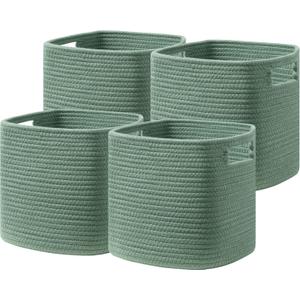 UBBCARE Set of 4 Storage Basket-11 X 10.5 X 10.5 In, Cotton Rope Basket for Shelves, Toys, Book, Cube Storage Bins with Handles, Woven Storage Basket for Organizing, Green