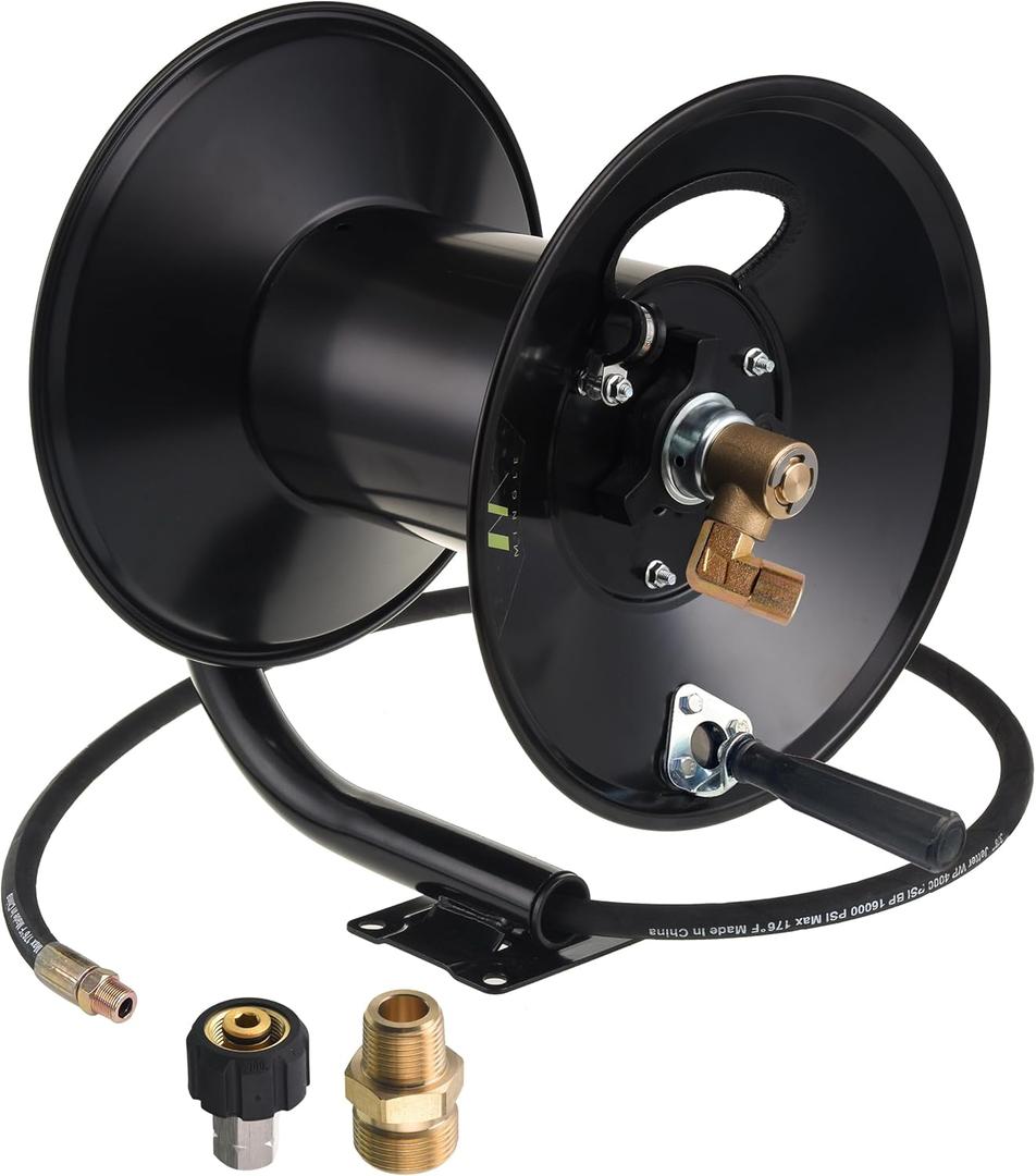 M MINGLE High Pressure Washer Hose Reel 150ft, Heavy Duty Steel Hose Reel, Manual Crank Power Washer Hose Reel with 3/8" Pressure Wash Whip Hose, Swivel Arm and Mounting Bracket, 4000 PSI