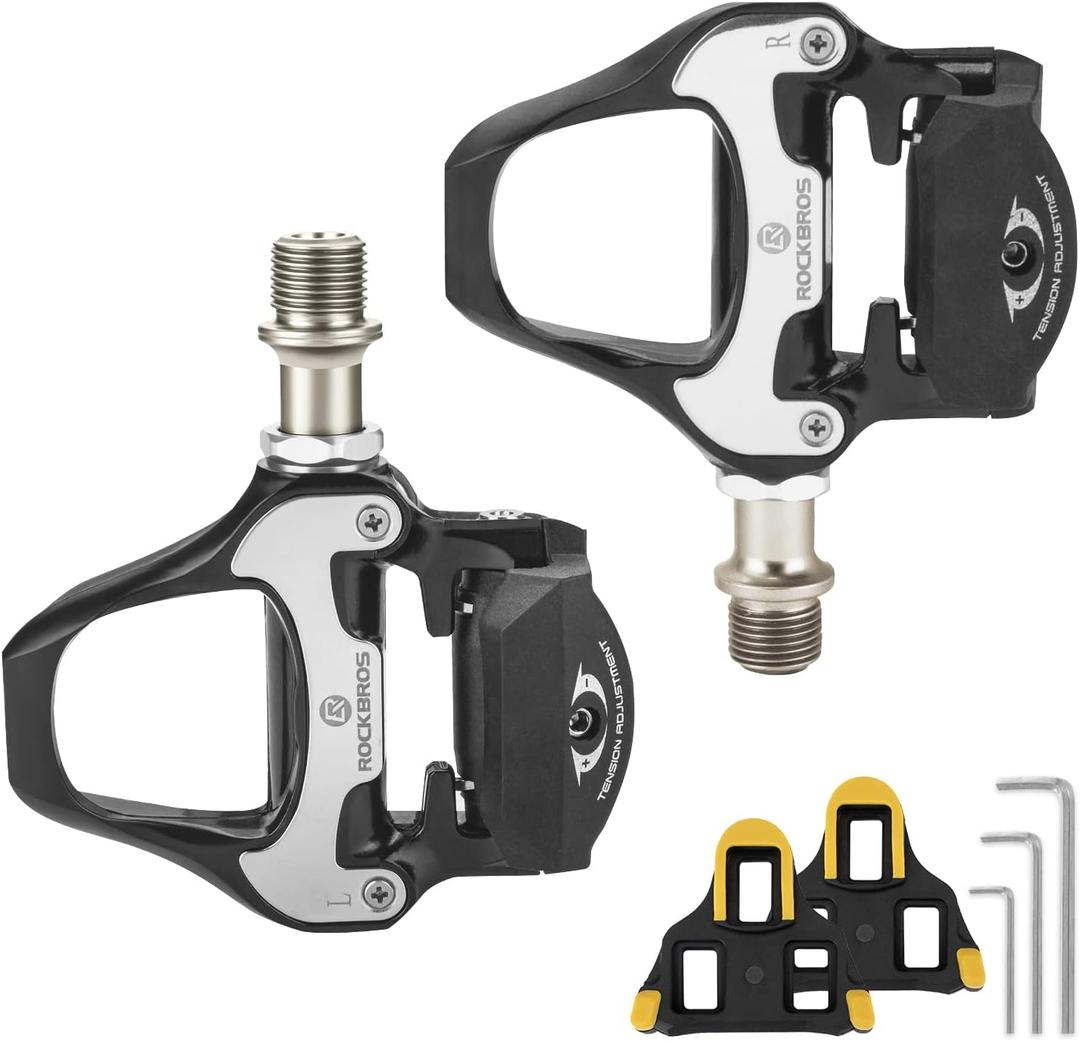 ROCKBROS Road Bike Pedals Lightweight Clipless Bicycle Pedals with Cleats Set Compatible with SPD-SL System (Black-alloy body)