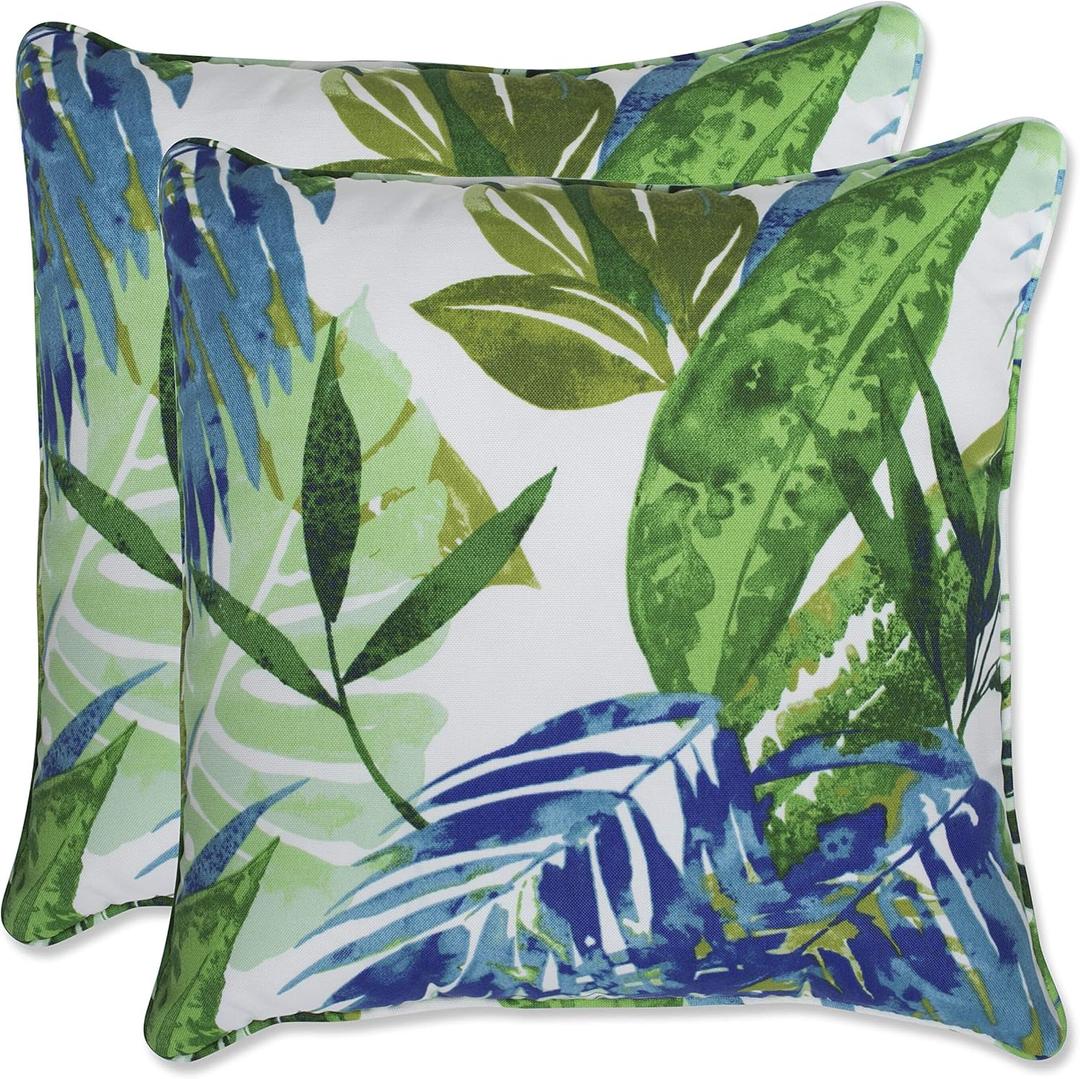 Pillow Perfect Tropic Floral Indoor/Outdoor Accent Throw Pillow, Plush Fill, Weather, and Fade Resistant, Throw - 16.5" x 16.5", Blue/Green Soleil, 2 Count (Accent - 16.5" x 16.5")