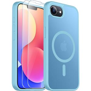 SPIDERCASE Designed for iPhone 16e Case,Magnetic Translucent with 2PCS Tempered Glass Screen Protector Anti-Fingerprint Anti-Scratch Phone Case for iPhone 16E 2025 6.1'', Light Blue