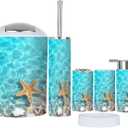 Bathroom Accessory Set 6 Piece Starfish Seashell Summer Beach sea Water Summer Toothbrush Holder, Toothbrush Cup, Soap Dispenser, Soap Dish, Toilet Brush Holder, Trash can (Multi7)