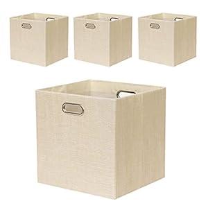 Fboxac Cube Storage Bins 13×13 Inch Linen Foldable Box with Handles, Collapsible Organization Basket Set of 4 Large Capacity Drawer for Closet Shelf Cabinet Bookcase Bedroom, Beige