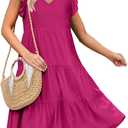 Caracilia Womens Summer Ruffle Sleeve V Neck Midi Dress Flowy Boho Casual A-Line Tiered Knee Length Beach Vacation Sundress Rose, XX-Large