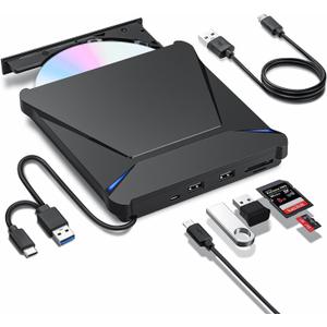 External DVD Drive, USB 3.0 Type-C Portable CD DVD Drive Burner Player Reader Writer with 2 USB 3.0 Ports and TF/SD Card Slots, Optical Disk Drive for Laptop Mac, PC Windows 11/10/8/7 Linux OS