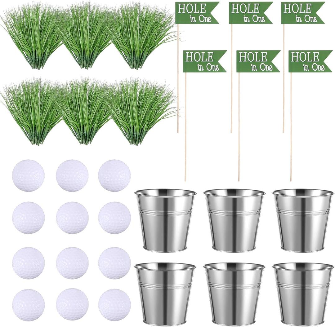 Soulchen 6 Set Golf Party Table Decorations Kit Includes 6 Iron Bucket 12 Mini Golf 90 Artificial Grass 6 Flags Centerpiece for Birthday Sport Themed Party Desk Supplies Rugby Favors (Classic)
