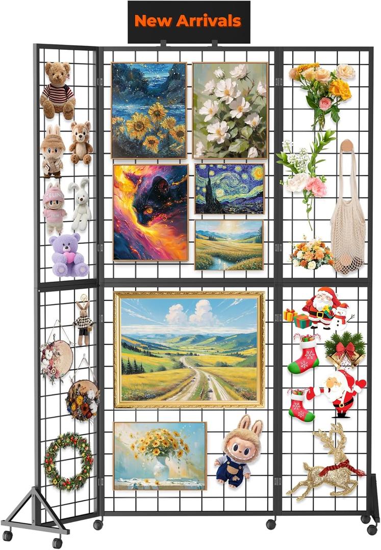 Foldable Grid Wall Panel, 6' x 4.25' Ft Gridwall Display Stand with Notice board, Heavy Duty Sturdy Floorstanding Wire Grid Display Rack, Movable Silent Wheel, Ideal for Retail & Art Craft Fairs