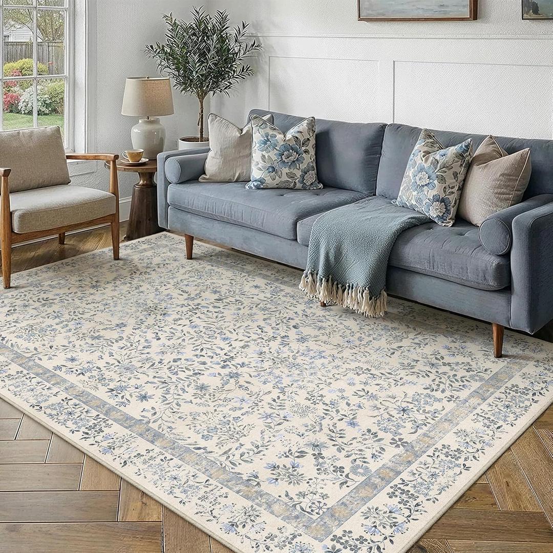 PureCozy 6x9 Blue Floral Area Rug Vintage Farmhouse Style