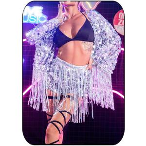 GORAIS Women Sequin Jacket Long Sleeve Casual Fringed Jackets Open Front Sparkly Blazer Coat for Party (One Size, Silver)