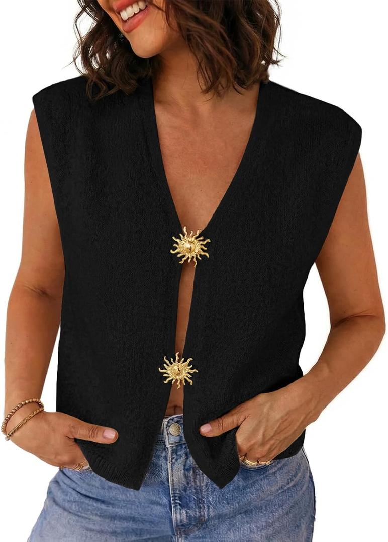 LILLUSORY Womens Vest Tops Spring Cute Sweater Knit V Neck Button Down Summer Outfits Casual Loose Cardigan (Small, Black)