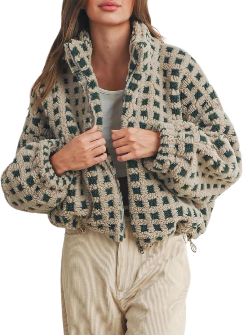 Esmeling Womens Long Sleeve Cropped Sherpa Fleece Plaid Jacket Casual Chunky Teddy Fleece Outerwear (Medium, Green)