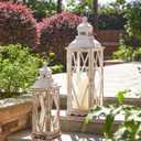 Glitzhome Farmhouse White Wood Metal Lanterns Decorative Hanging Candle Lanterns Set of 2, White