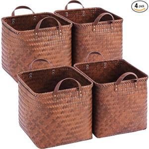VZFXRD 13x13x13 Laundry Baskets Hampers, Wicker Storage Baskets for Shelves, Woven Basket for Blankets, Clothes, Organizer Storage Bins with Handles, Set of 4-Brown