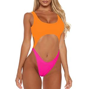 Sovoyontee Women's Sexy One Piece Swimsuits Cheeky Thong Bikini Bathing Suit Cut Out Monokini Orange & Pink S