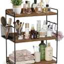 3-Tier Bathroom Counter Organizer with Basket, Brown | Wood Shelf for Skincare & Makeup, Sturdy & Space Saving, for Kitchen, Bathroom, Dresser