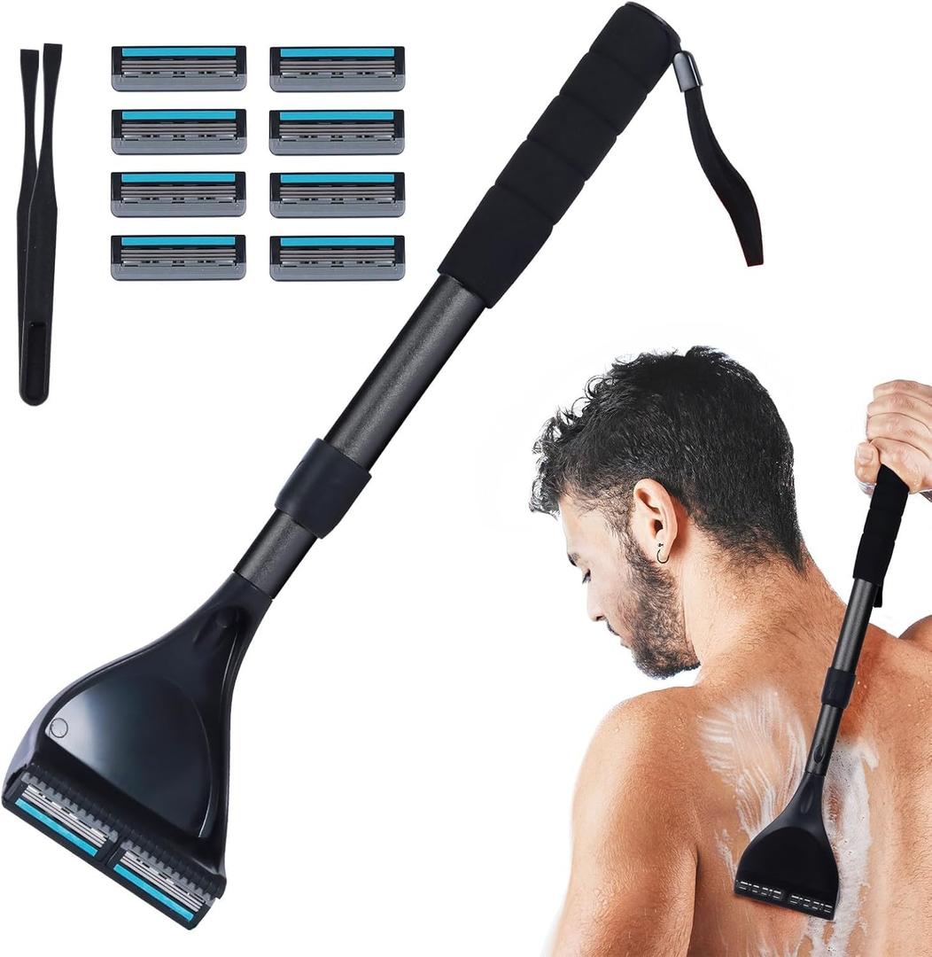 Back Shaver for Men - Retractable Long Handle Back Hair and Body Shavers,Replaceable Multi-Layer Double Blades8PCS, Ergonomic DIY Wet or Dry Shaving Solution-Black