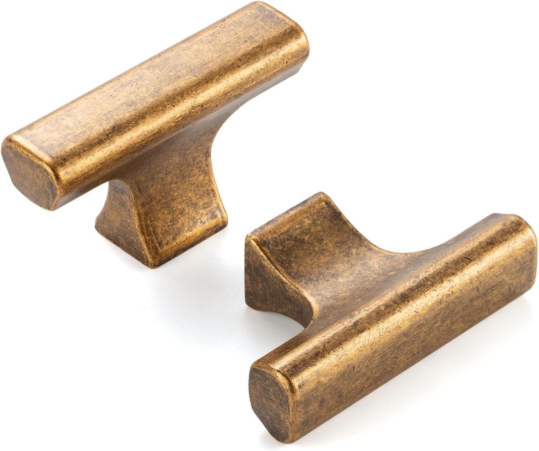10 Pack 2 Inch, T-Bar Antique Brass Cabinet Knobs Vintage Brass Drawer Knobs Brass Cabinet Pulls, ZK1303 Kitchen Hardware for Cabinets Drawers Bedroom Dresser Cupboard Bathroom Vanity Closet