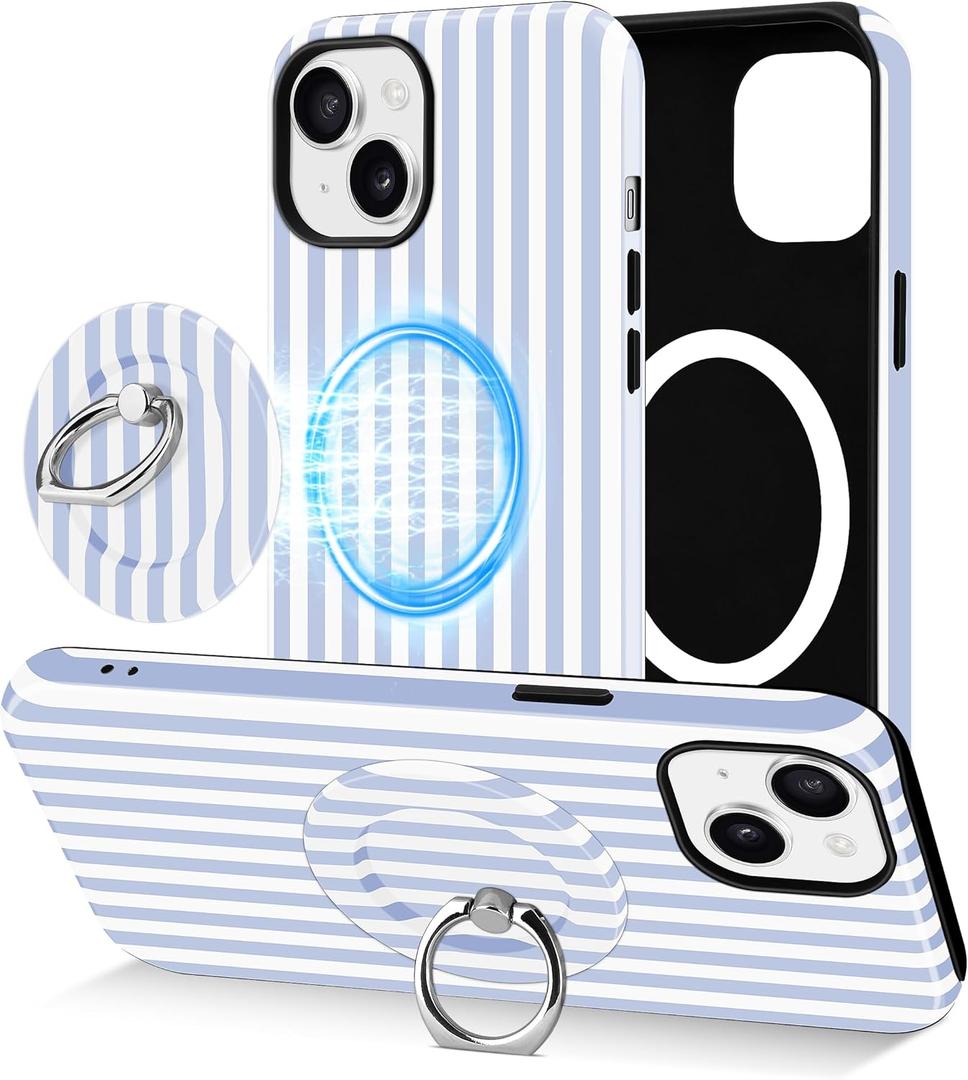 Jusy Compatible with Magsafe Striped Phone Case for iPhone 14 Plus, Cute Aesthetic Magnetic Ring Holder Stand Case, Soft TPU and Hard PC Protective Phone Cover for Women Girls - Blue Striped