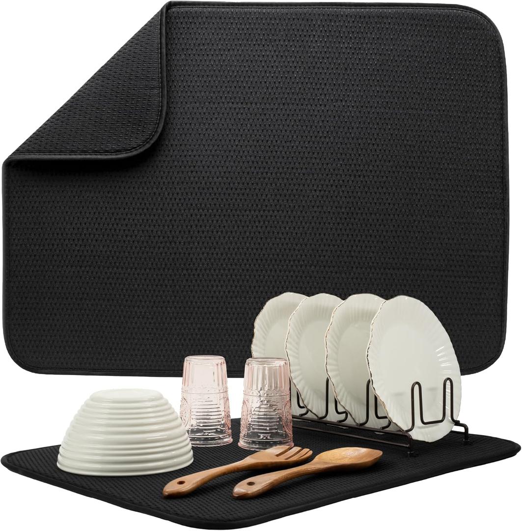 S&T INC. Dish Drying Mat XL, 18 x 24, Absorbent Microfiber Kitchen Counter Mat, Drying Pad for Dishes, Utensils, Pots and Pans, Extra Large, Diamond Texture, Black