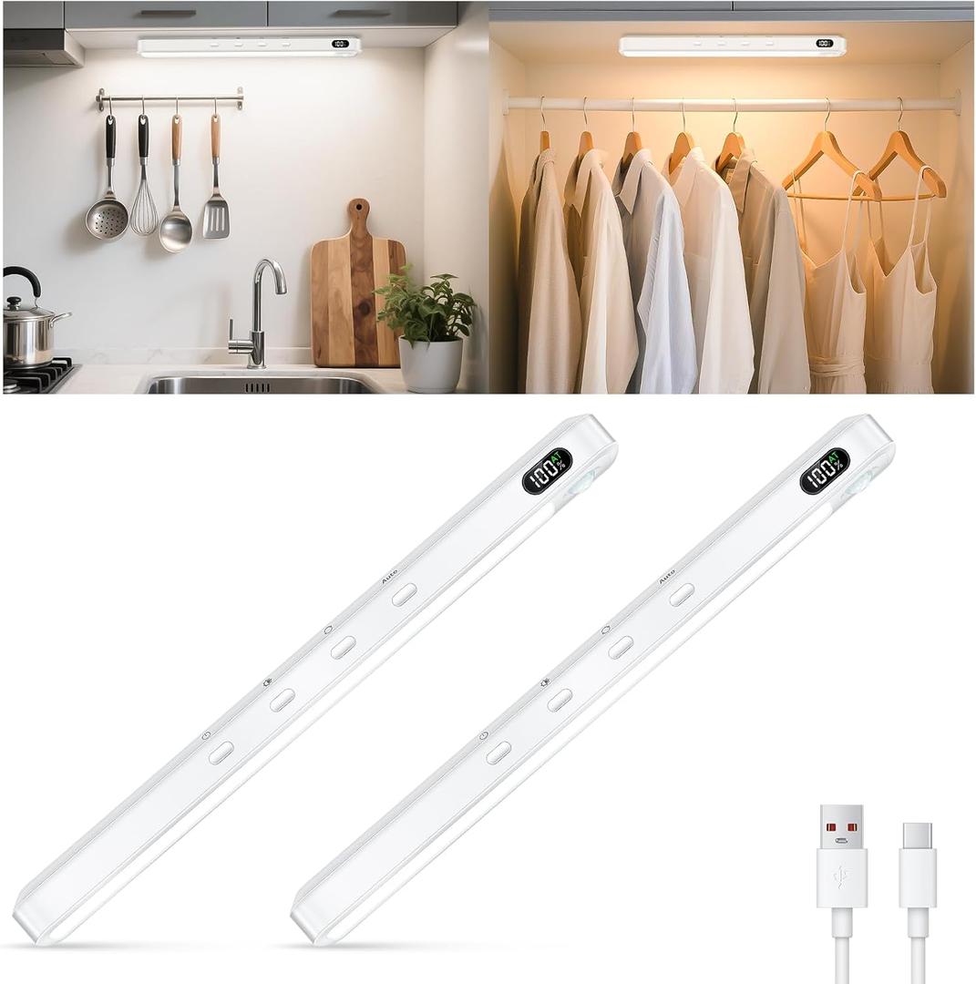WILLED Under Cabinet & Closet Lights, Motion Sensor, Rechargeable, Magnetic, 3 Color Temps, Dimmable LED Light Bar for Indoor Kitchen Counter (2 Pack, White)